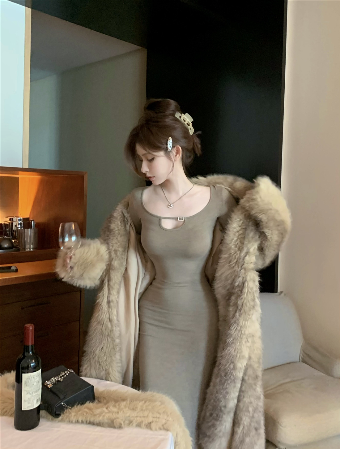 Winter lazy style raccoon fur coat long fur coat waist-cinching eco-friendly fur for women