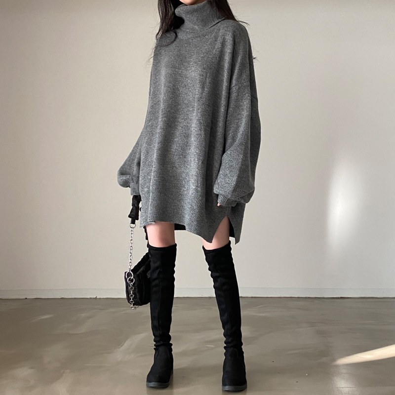 韓國慵懶高領保暖中長款套頭毛衣寬鬆長袖針織衫女