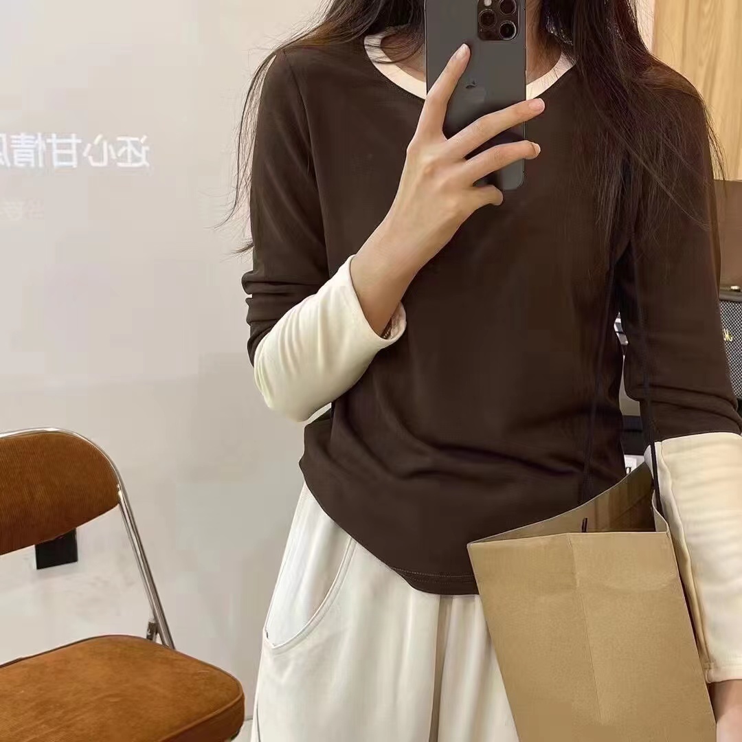 假兩件拼接色韓版彈力柔軟親膚網紅自留款長袖T恤衫內搭