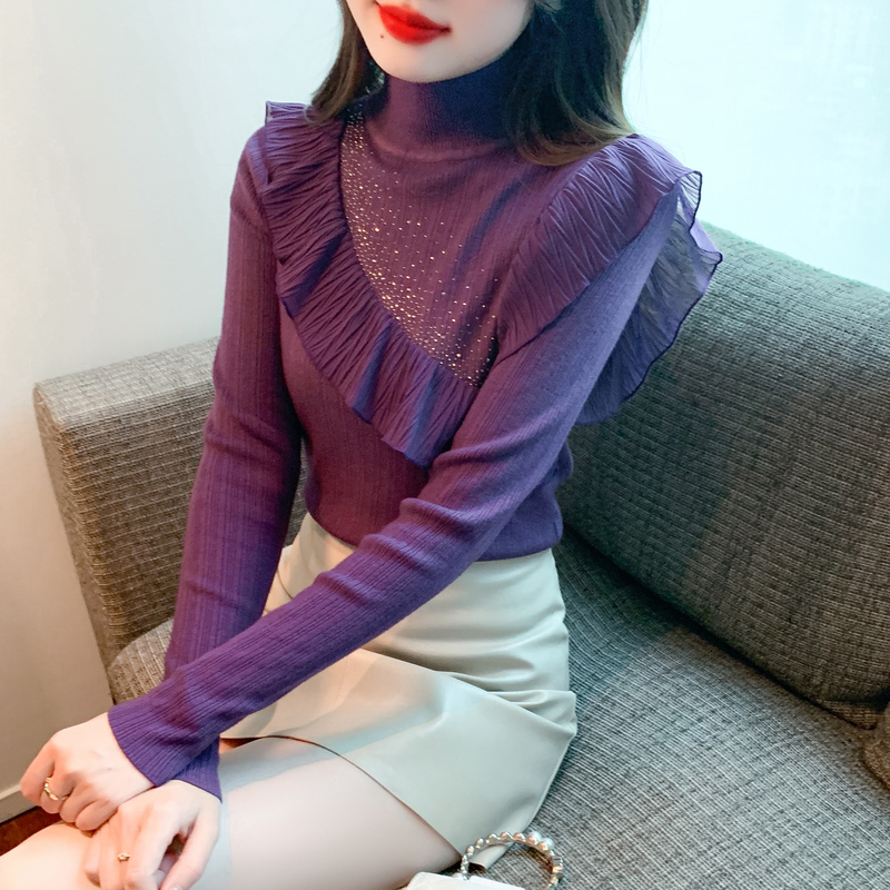 實拍荷葉邊燙鑽毛針織衫女冬秋新款甜美修身百搭減齡長袖打底衫
