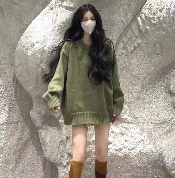 美式復古綠色毛衣秋冬大碼寬鬆外穿慵懶風設計感小眾套頭針織上衣
