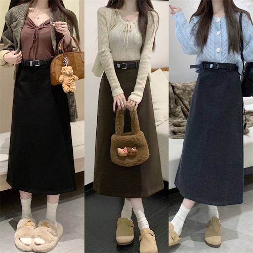 Actual shot ~ New solid color woolen skirt for women, high-waisted slimming straight A-line slit hip-covering mid-length skirt