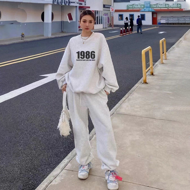 套裝女寬鬆休閒時尚加絨加厚圓領衛衣束腳褲兩件套潮流一整套