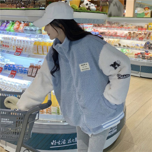 Imitation lamb plush thickened stand collar jacket for women winter  new Korean version loose student baseball uniform top trendy
