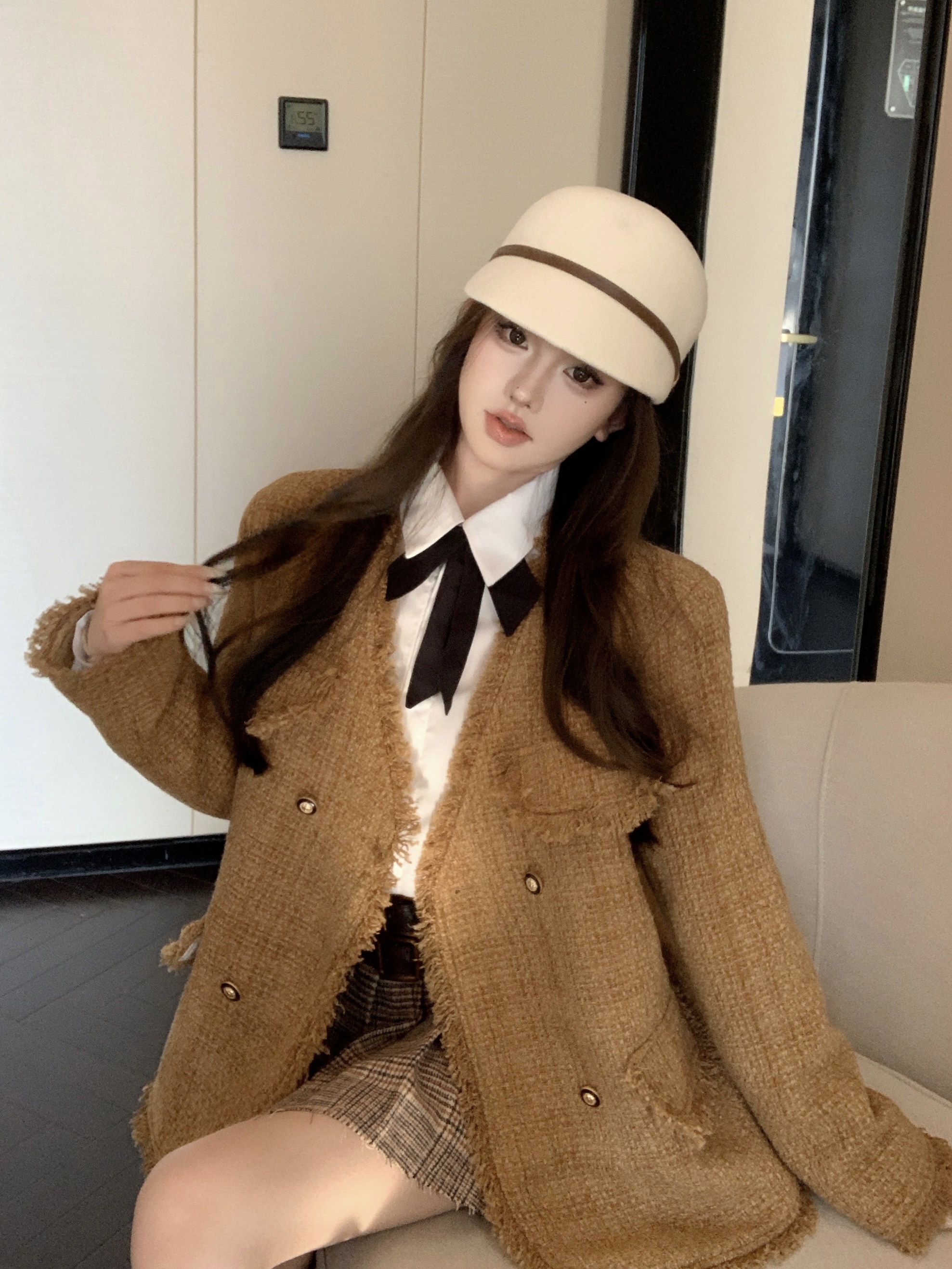 實拍 襯衫+V領粗花呢中長款寬鬆小香風羽絨外套加絨保暖大衣