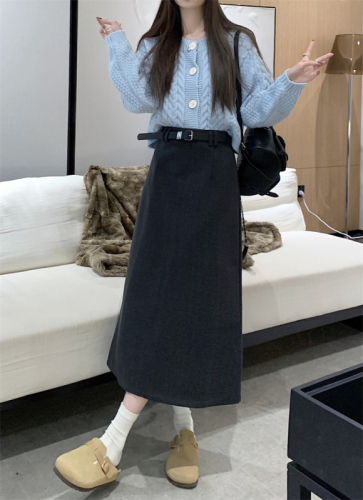 Actual shot ~ New solid color woolen skirt for women, high-waisted slimming straight A-line slit hip-covering mid-length skirt