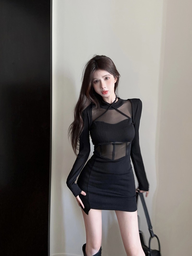 實拍~百搭辣妹透視網紗長袖修身包臀設計感拼接黑色酷妹連衣裙女