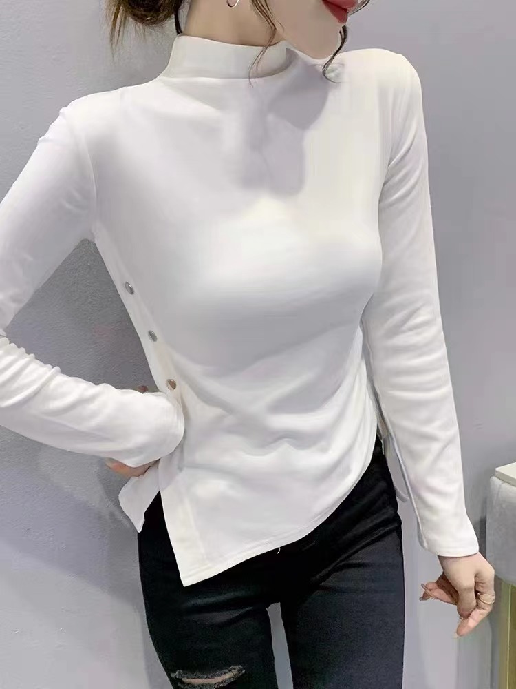 半高領打底衫女秋冬歐貨設計感不規則長袖T恤洋氣質修身內搭上衣