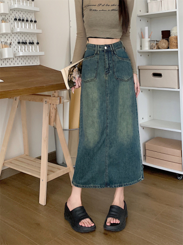 Actual shot ~ high waist slim retro washed denim skirt with slits for women, mid-length skirt with pocket design