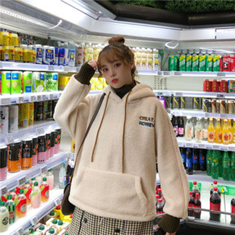 羊羔毛衛衣女套頭連帽上衣毛茸茸寬鬆加絨加厚外套潮