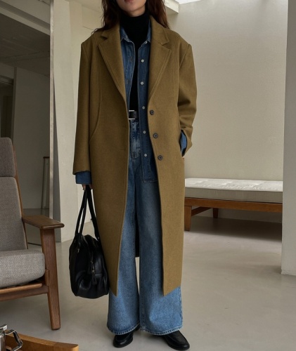 韩国INS设计师款气质翻领单排扣羊绒大衣宽松长款毛呢外套