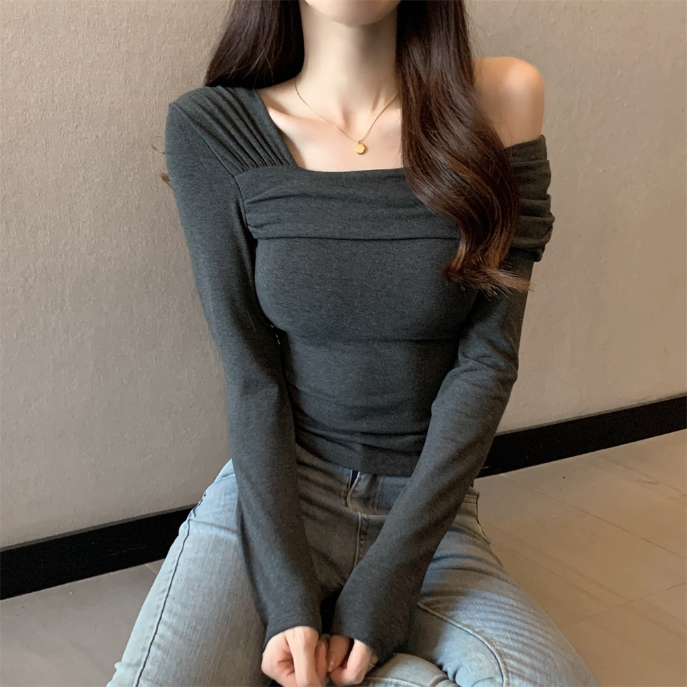實拍純欲純色一字肩長袖修身毛針織衫女秋季新款小眾百搭上衣潮