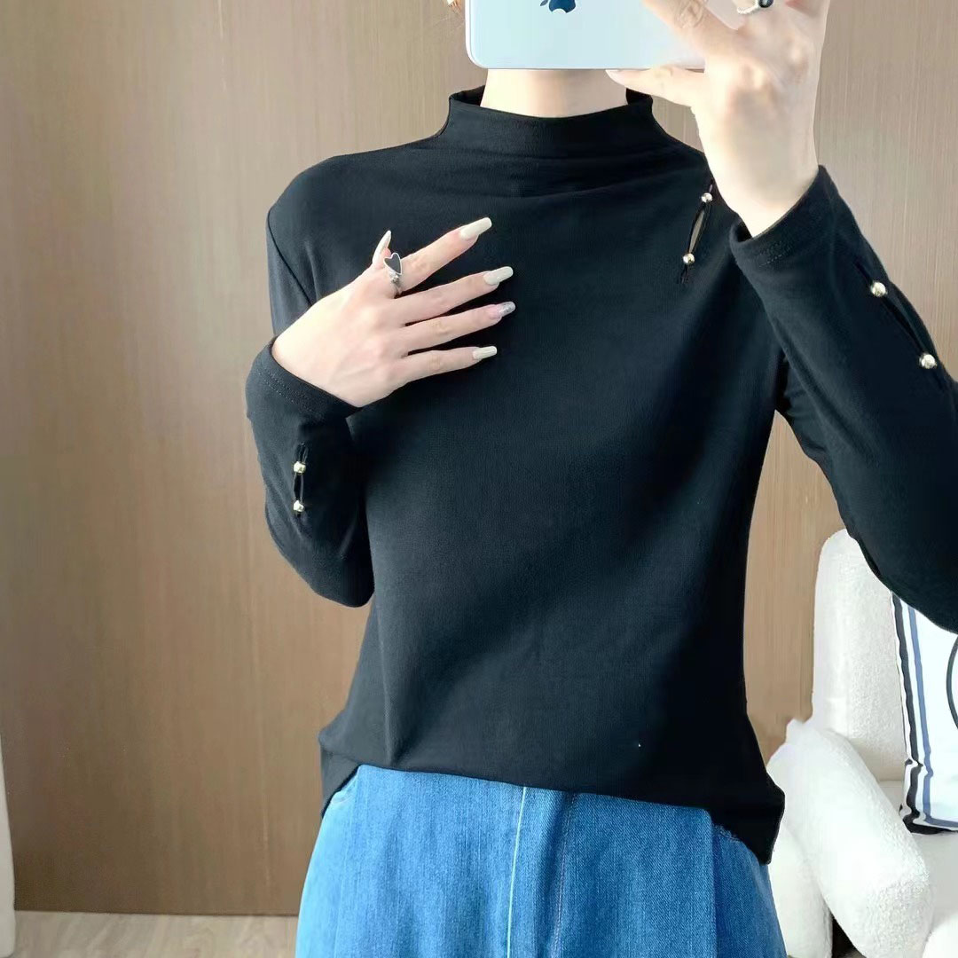 歐貨肩膀紐扣加絨保暖長袖t恤女秋冬季半高領修身內搭打底衫上衣