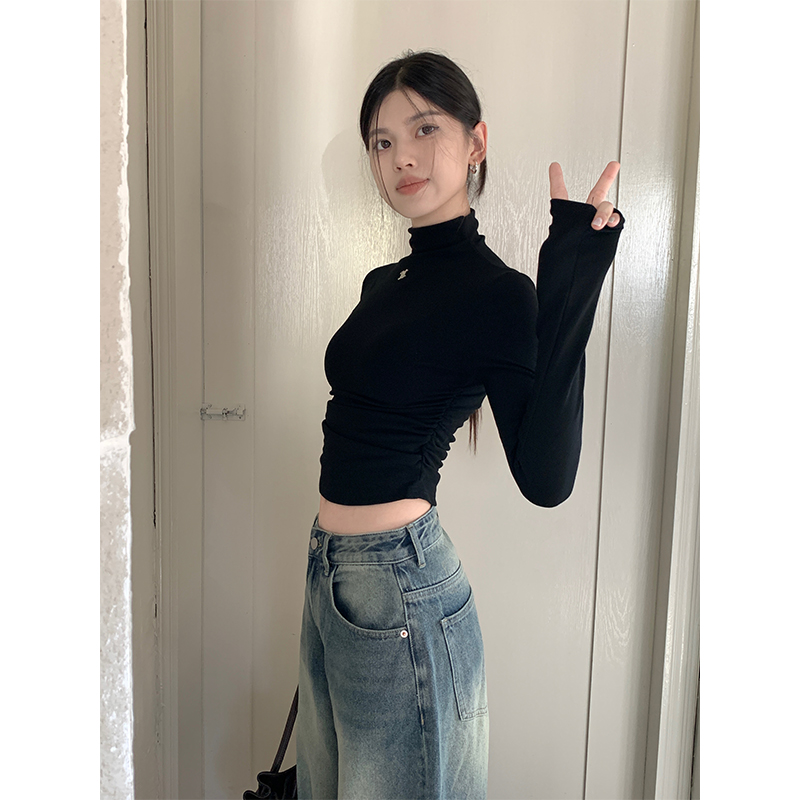 實拍修身長袖T恤設計感小眾收腰褶皺加絨打底衫秋內搭半高領上衣