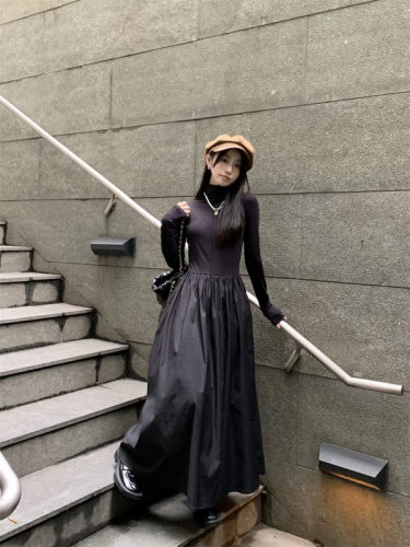 Real shot!  Korean style autumn and winter versatile Hepburn style little black dress high collar dress long skirt