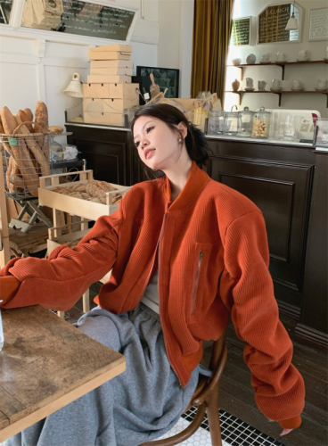 Real shot autumn and winter velvet cotton padded thickening pleated sleeve short jacket with stand-up collar and long zipper 