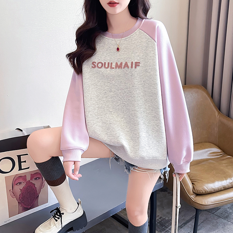 實拍複合真超加絨加厚400克衛衣女插肩袖刺繡花圓領保暖上衣200斤