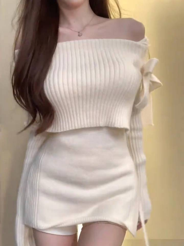 韓系白色一字肩長袖針織衫女露肩蝴蝶結毛衣修身短款打底上衣