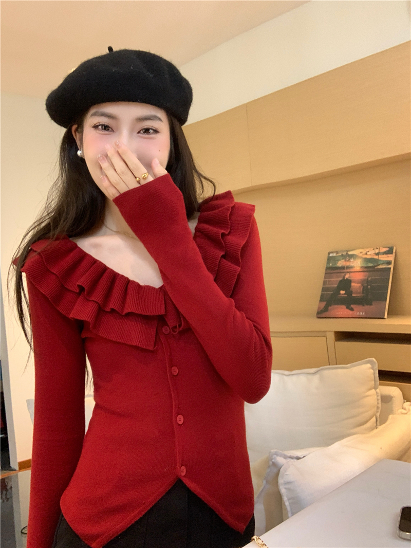 實拍 新款 法式氣質赫本風荷葉領針織衫女修身顯瘦開衫