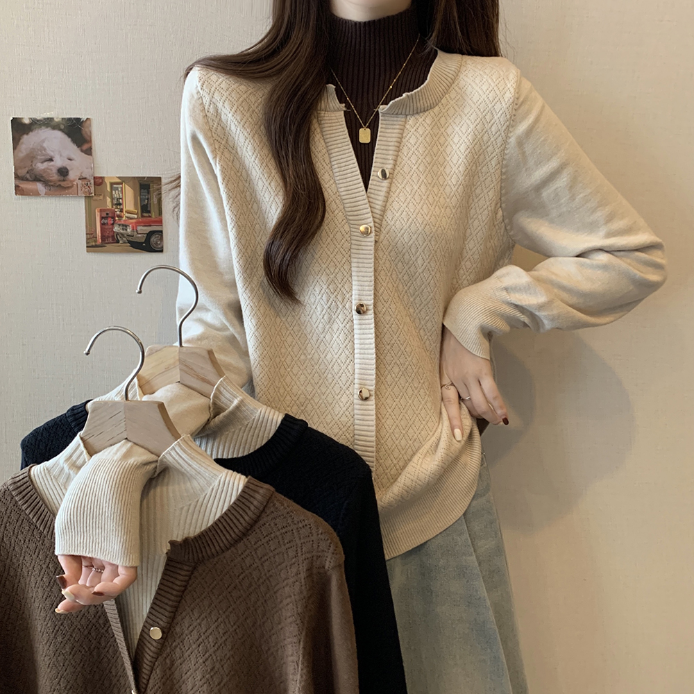 實拍大碼女裝2023秋季新款假兩件寬鬆百搭毛衣顯瘦遮肉針織衫