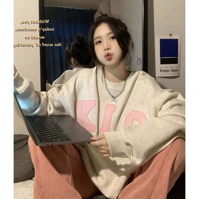 10g imitation cotton interwoven fabric, non-pilling, winter velvet sweatshirt for women, round neck, thickened letter embroidery, back strip