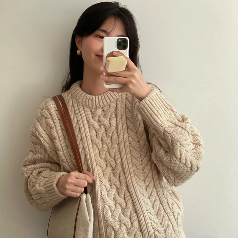 韓國東大門秋季新款復古圓領寬鬆小麻花純色套頭加厚毛衣女