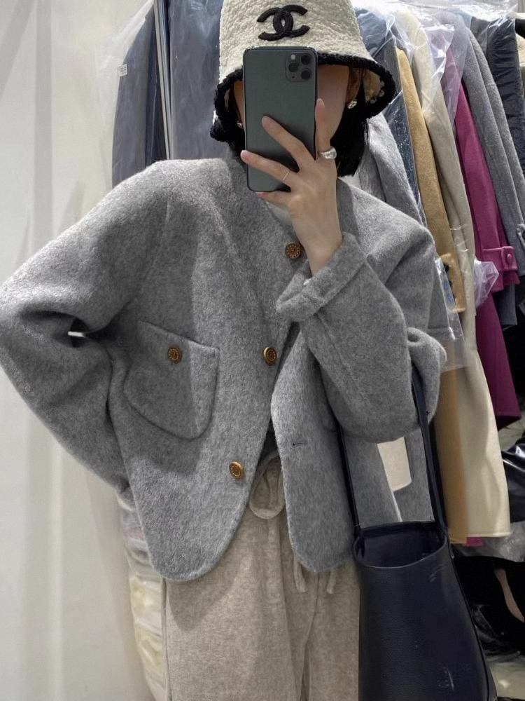 Gray small fragrance double-sided woolen coat for women autumn and winter short style small temperament design niche wool coat