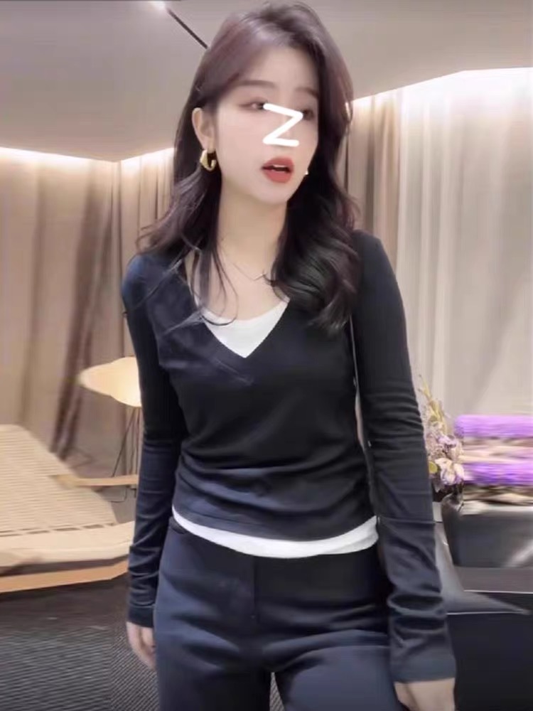 拼接假兩件長袖t恤女2023年春秋季新款設計感小眾內搭打底衫上衣