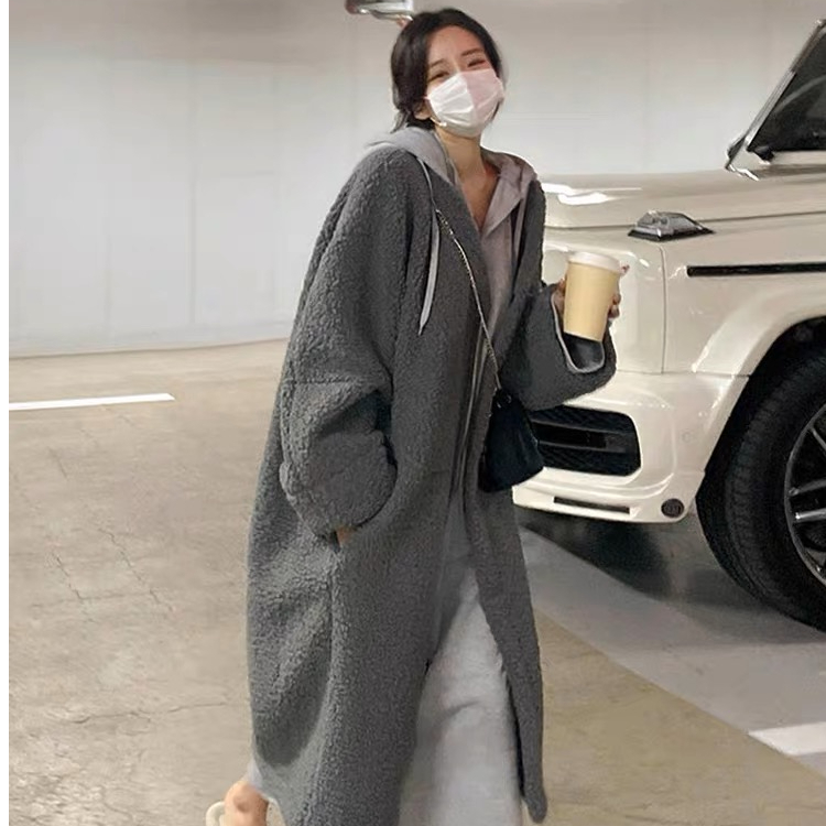 新款羊羔絨韓國長款灰色拉鏈拼接帽子假兩件過膝洋氣開衫秋冬外套