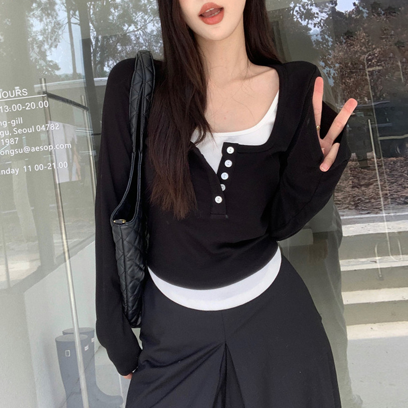 港味心機u領鎖骨假兩件長袖T恤女撞色拼接設計感紐扣獨特别致上衣
