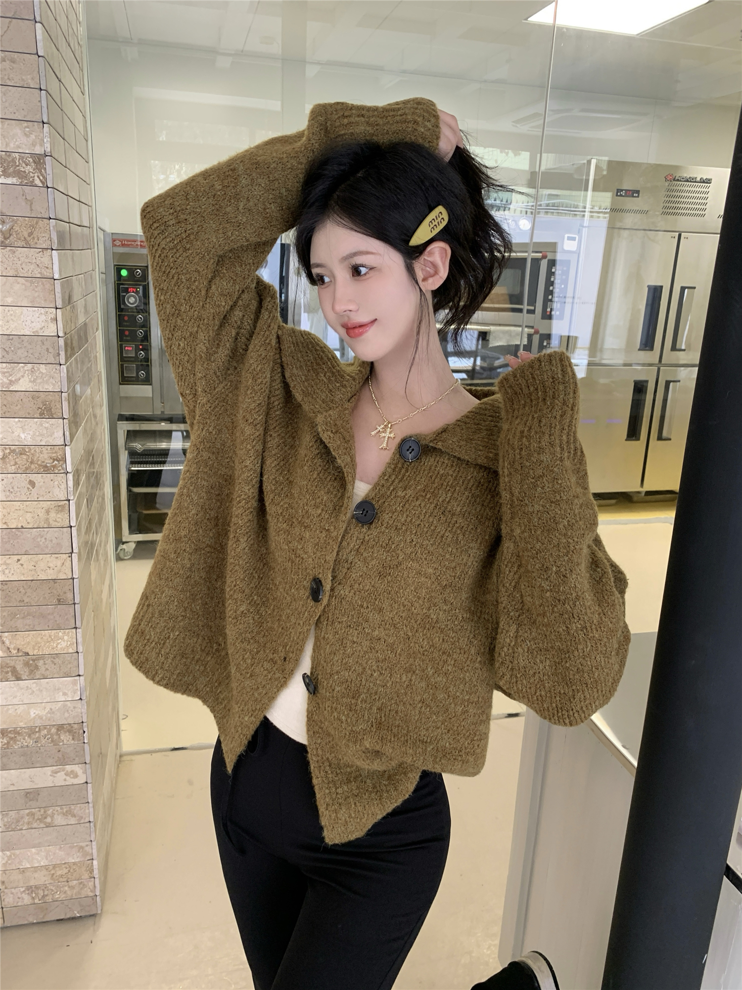 Real shot ~ Lazy style loose pickle green sweater soft waxy thick knitted cardigan jacket for women