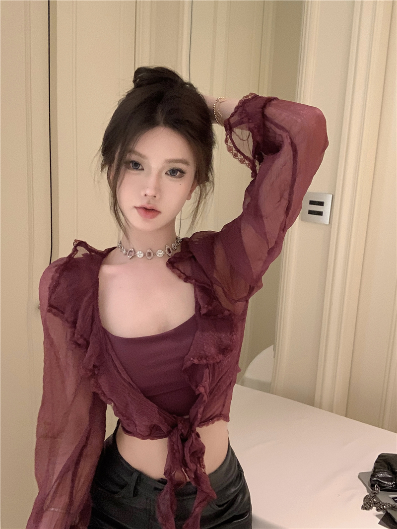 實拍~法式復古辣妹襯衫女秋季設計感短款純欲上衣兩件套