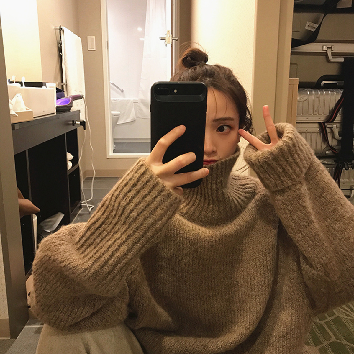 秋冬新款韓版網紅慵懶風時尚百搭寬鬆學生高領套頭加厚毛衣女