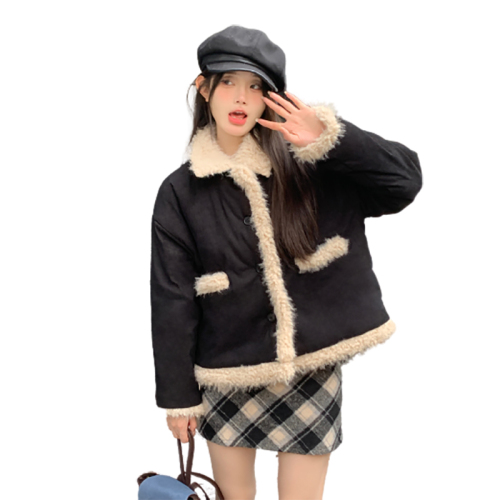Real shot!  Black coat autumn and winter thickened small high-end short top plaid skirt