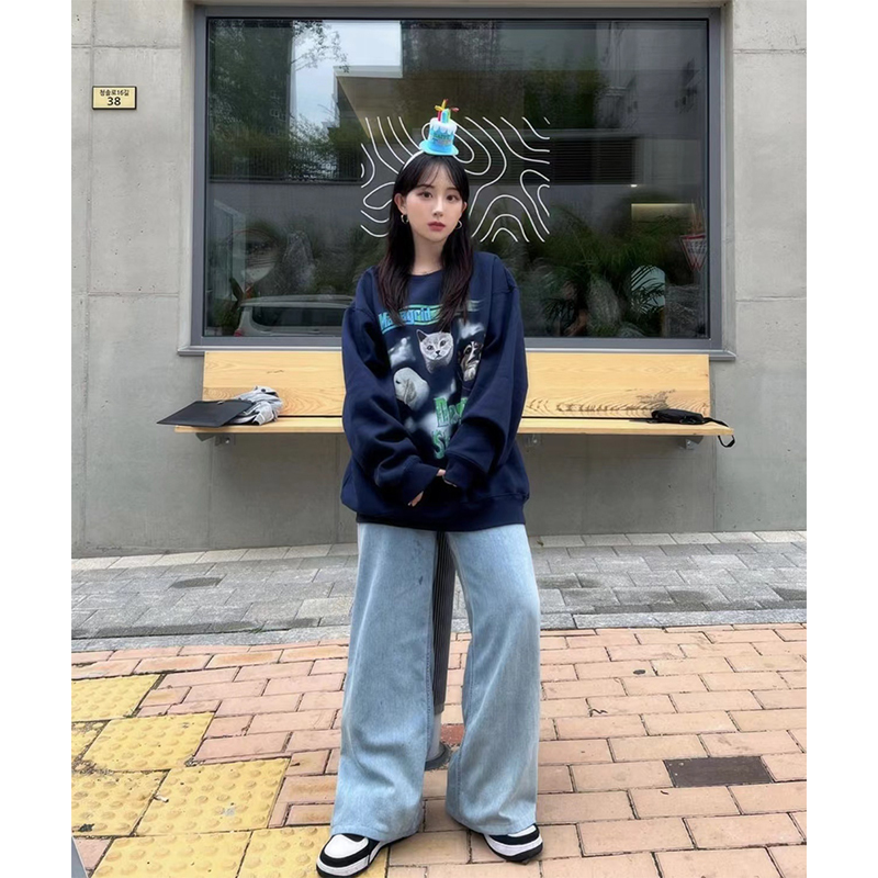 韓國ins秋冬新款男女情侶同款寬鬆慵懶圓領套頭漸變貓咪印花衛衣