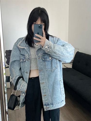 American retro washed old ripped denim jacket women's autumn wide casual all-match jacket tops