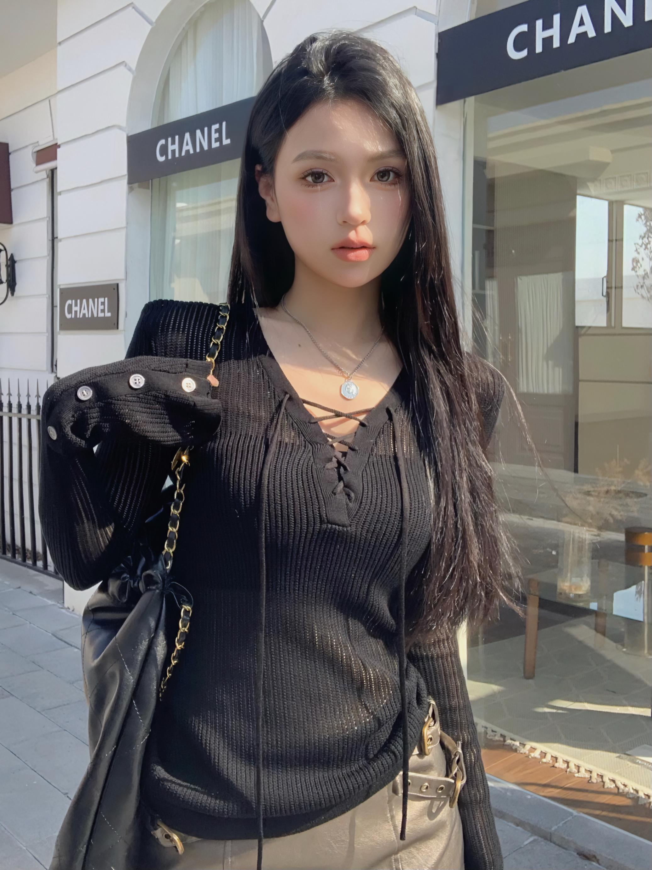 Real shot of V-neck slightly see-through mesh knitted top for women, slim-fitting long-sleeved bottoming shirt for inner wear
