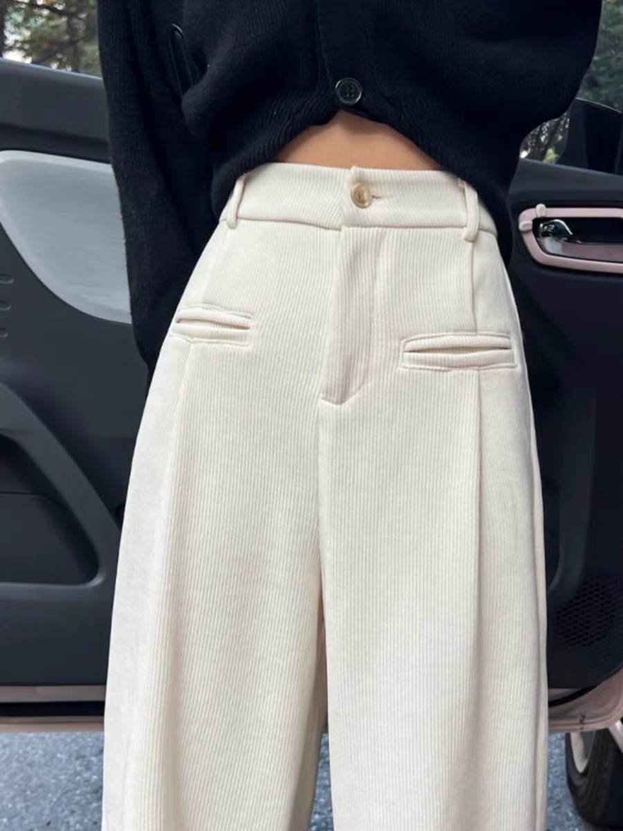 Women's High-Waisted Wide-Leg Knit Pants with Fleece and Snag-Resistant Suit Trousers for Autumn/Winter