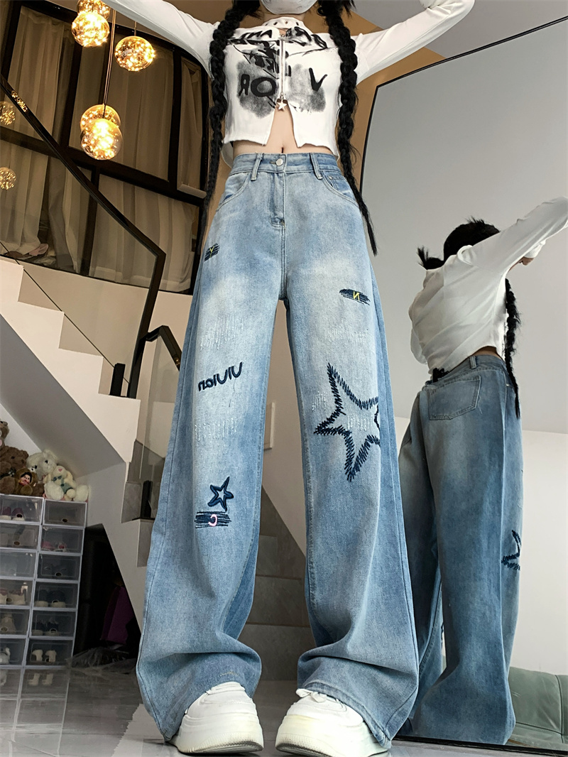 實拍~美式高街刺繡時尚闊腿顯瘦百搭牛仔褲