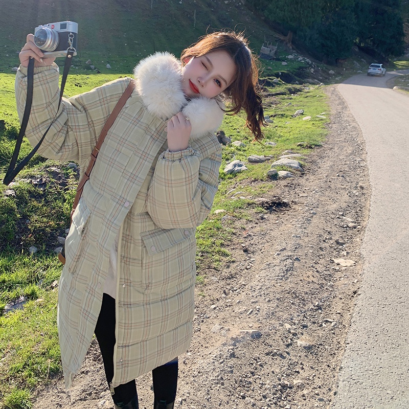 Actual shot ~ 2023 plus size women's Korean style fur collar plaid cotton coat for fat mm casual versatile mid-length cotton coat