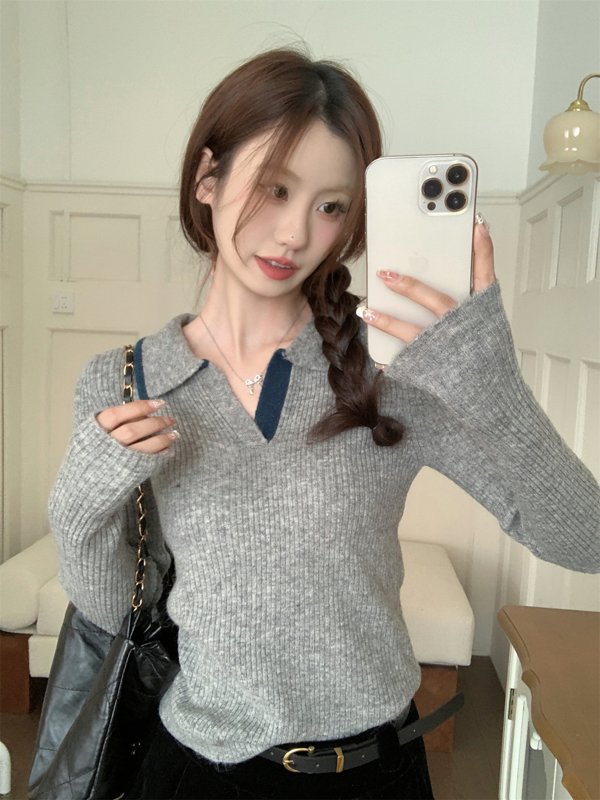 Actual shot of autumn and winter Korean style slim-fitting color-blocked chic polo collar slimming arctic velvet inner knitted women's sweater