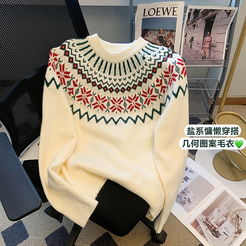 秋冬新款套頭毛衣女復古提花聖誕長袖寬鬆慵懶風針織衫韓版上衣
