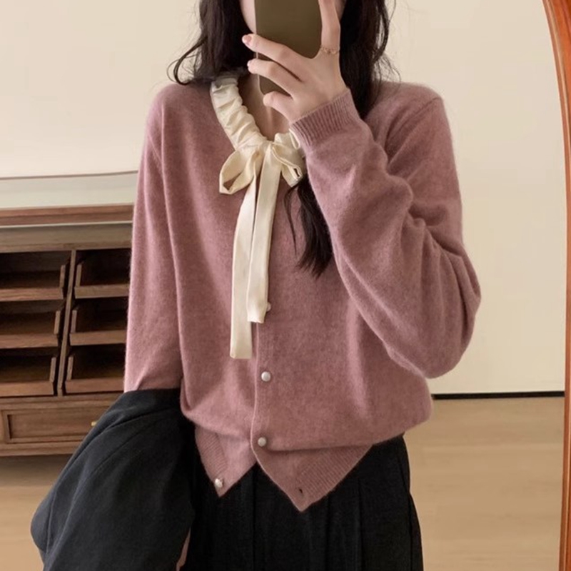 蝴蝶結蜜熊絨甜美毛衣打底衫女秋季新款溫柔少女感簡褶皺針織衫潮
