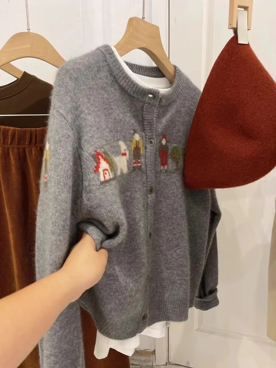 趣味卡通刺繡提花寬鬆古着毛衣開衫女2023秋冬款羊毛針織衫外套