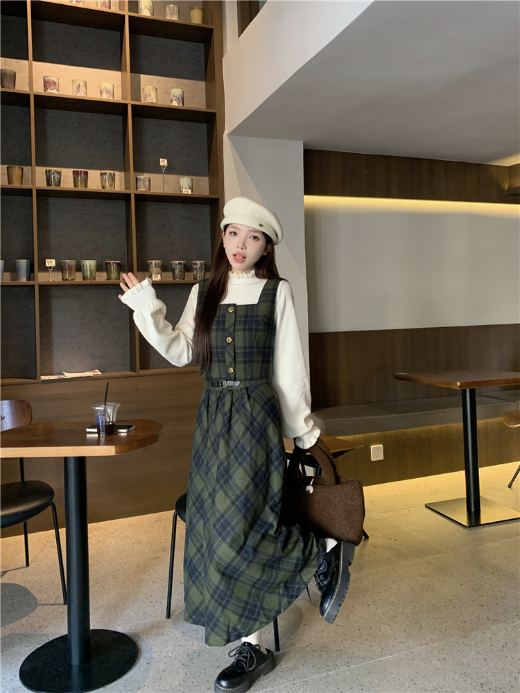 實拍~愛丁堡少女秋冬新款針織打底格子馬甲半身裙復古三件套