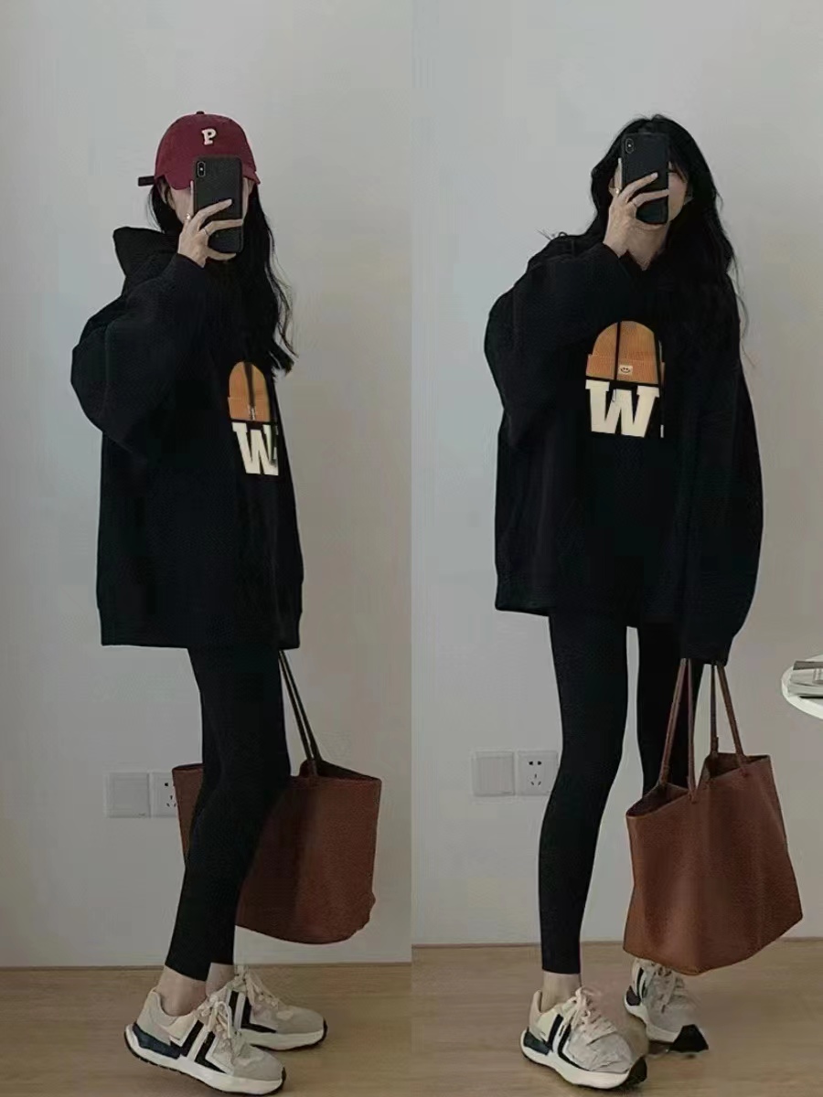 Winter shark pants + sweatshirt women's new velvet thickened black hooded age-reducing top set