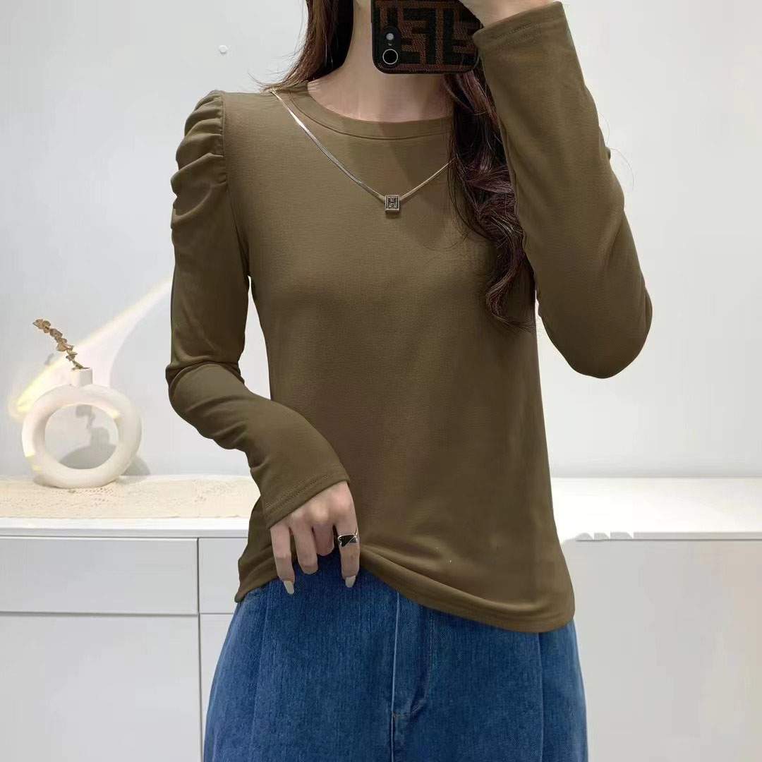 獨特設計感壓褶顯瘦長袖t恤女裝秋季新款寬鬆顯瘦內搭打底衫上衣