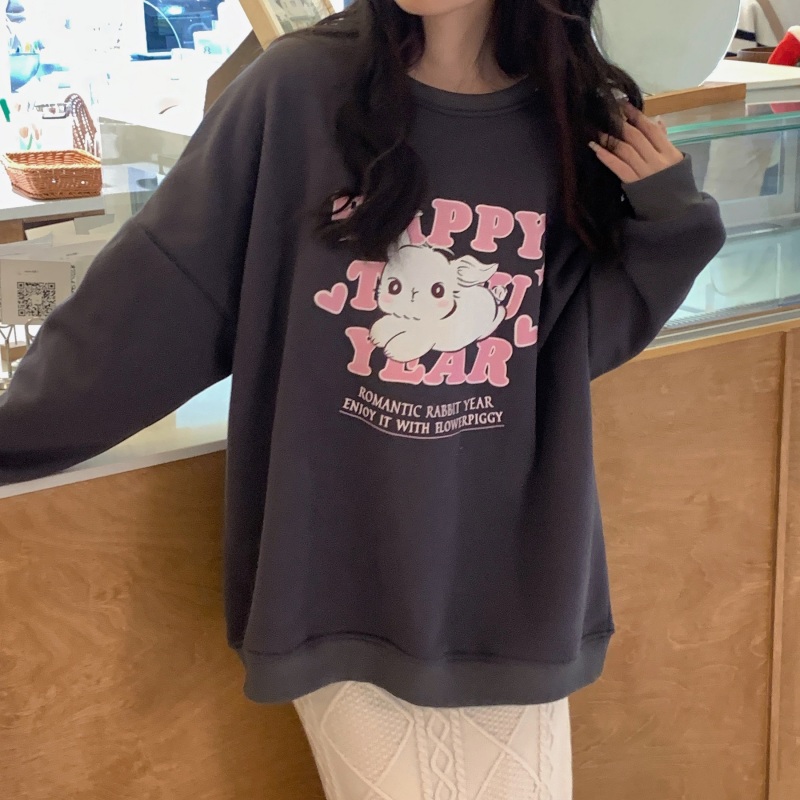 原創兔子印花灰黑兔年落肩袖抓絨休閒衛衣女