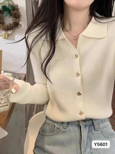 Autumn new Korean style temperament polo collar button slim long-sleeved cardigan top for women