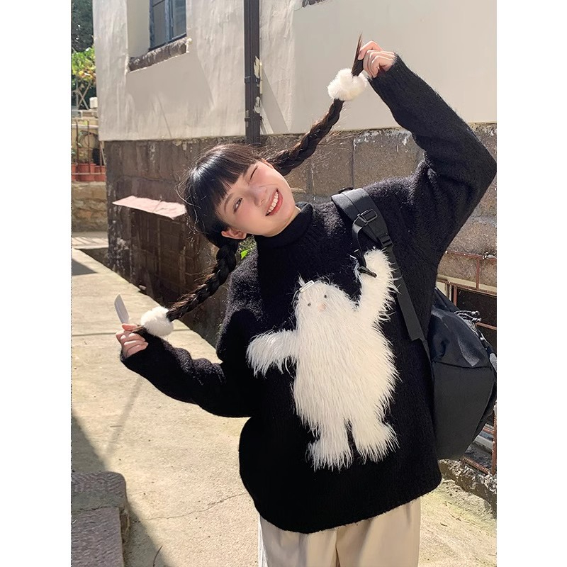 秋冬新款長毛雪怪毛衣女秋冬寬鬆慵懶風甜美可愛套頭加厚針織上衣